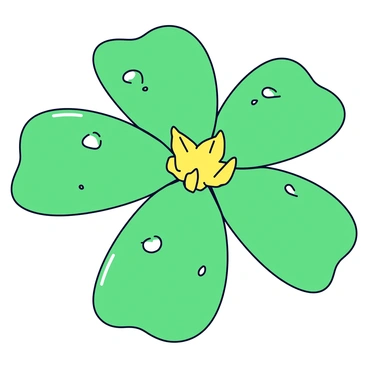 A close-up of a rare flower with vibrant emerald green petals. The petals have a smooth texture, glistening with droplets of morning dew. Each droplet catches the early sunlight, creating small sparkles across the petals. The center of the flower features delicate yellow stamens that provide a striking contrast to the green. The background is softly blurred, emphasizing the intricate details of the flower.