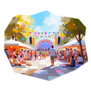 A lively music festival is taking place in "Annecy's central square." The scene is filled with vibrant colors as a diverse crowd gathers to enjoy the performances. People of various ages, some dancing and others sitting on blankets, create a joyful atmosphere. A large stage is set up at one end of the square, adorned with colorful banners and lights, where musicians are playing energetic tunes. Food stalls line the sides, offering an array of treats, with families and friends enjoying snacks. Trees surround the square, providing some shade, while balloons and streamers flutter in the gentle breeze. The sky is bright blue, adding to the festive mood.