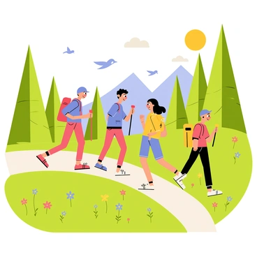 A group of three friends hiking up a lush green mountain trail. One friend wears a red backpack, the second has a blue backpack, and the third carries a yellow backpack. They all have big smiles on their faces as they walk along the winding trail surrounded by tall trees and colorful wildflowers. The sun shines brightly, casting a warm glow on the scene, and there are several birds flying in the clear blue sky above them.