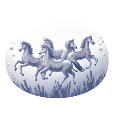 A group of carousel horses submerged in water, their manes flowing elegantly as they move. The horses are detailed with intricate saddle designs, each one carved with unique features. Bubbles rise around them, and sunlight filters through the water, creating a shimmering effect. Various aquatic plants sway gently in the current, adding depth to the scene. The horses swim in a synchronized manner, their expressions serene, as they navigate through this enchanting underwater environment.