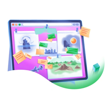 A digital mood board displaying various concept art sketches and ideas pinned to it. The board features a collection of colorful illustrations, including character designs, landscape concepts, and object studies. Each sketch is surrounded by colorful sticky notes with handwritten annotations. The overall layout is organized and visually engaging, with a mix of vibrant colors and textures. The background of the mood board is a light pastel color that enhances the visibility of the pinned elements.