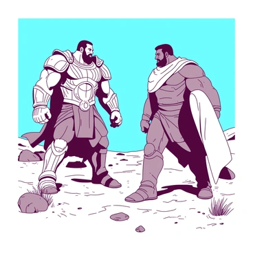 Two colossal figures stand facing each other in a barren desert under a clear blue sky. The first titan, towering and muscular, is adorned with intricate armor that glimmers in the sunlight. Its expression is fierce, with sharp eyes locked onto its rival. The second titan is equally imposing, draped in flowing garments that billow in the dry wind. This titan's face is set in determination, showcasing strong features and a look of unwavering focus. The ground beneath them is cracked and dry, with scattered rocks and occasional tufts of parched grass surrounding the scene. Dust swirls around their feet, adding to the intensity of the moment as they prepare for the inevitable clash.