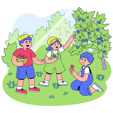A group of three children is happily picking berries in a lush green forest. The first child is wearing a red t-shirt and blue shorts, holding a small basket filled with red strawberries. The second child, wearing a yellow cap and green dress, is reaching up to pick blueberries from a bush. The third child, dressed in overalls, is crouched down searching for blackberries among the leaves. Sunlight filters through the tree branches, creating dappled light on the forest floor, which is covered with soft green grass and scattered wildflowers.