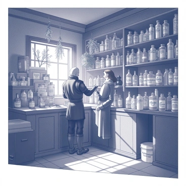 A cluttered potion shop with shelves full of colorful bottles, where a witcher is buying supplies