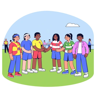 A group of athletes from various countries standing together on a grassy field. Each athlete is dressed in their national sports uniforms, showcasing a variety of colors and designs. They are smiling while shaking hands with each other, conveying a sense of camaraderie. In the background, there are a few spectators watching the scene, and a clear blue sky above them. The athletes are positioned in a semi-circle, emphasizing their unity despite representing different nations.