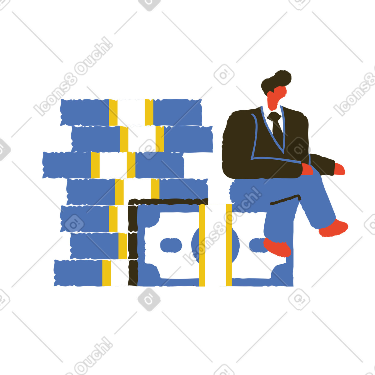 下载 Bermuda 风格的 坐在一堆钱上的商人 插画，支持 PNG、SVG 格式