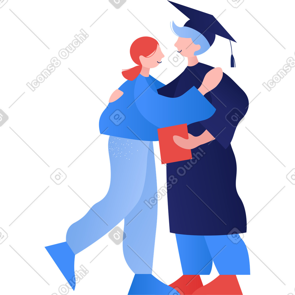 Hugging young people rejoice at graduation illustration in Clip style download in PNG, SVG