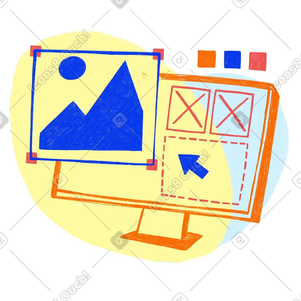 Orange computer and website design elements illustration in Biro style download in PNG, SVG