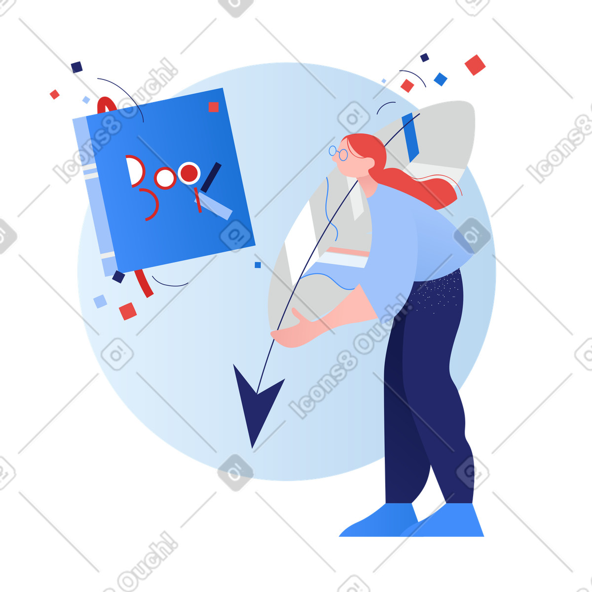 Female writer with quill pen writing a book illustration in Clip style download in PNG, SVG