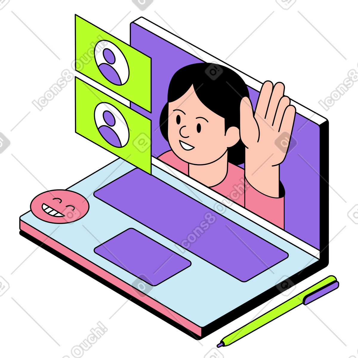 Partecipare a una riunione online sul laptop illustrazione animata in stile Project scaricabile in GIF, Lottie (JSON), AE