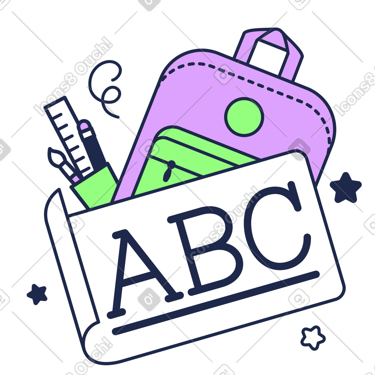 Colorful backpack with stationery and ABC sign, Primary school education illustrazione in stile Outline scarica in PNG, SVG