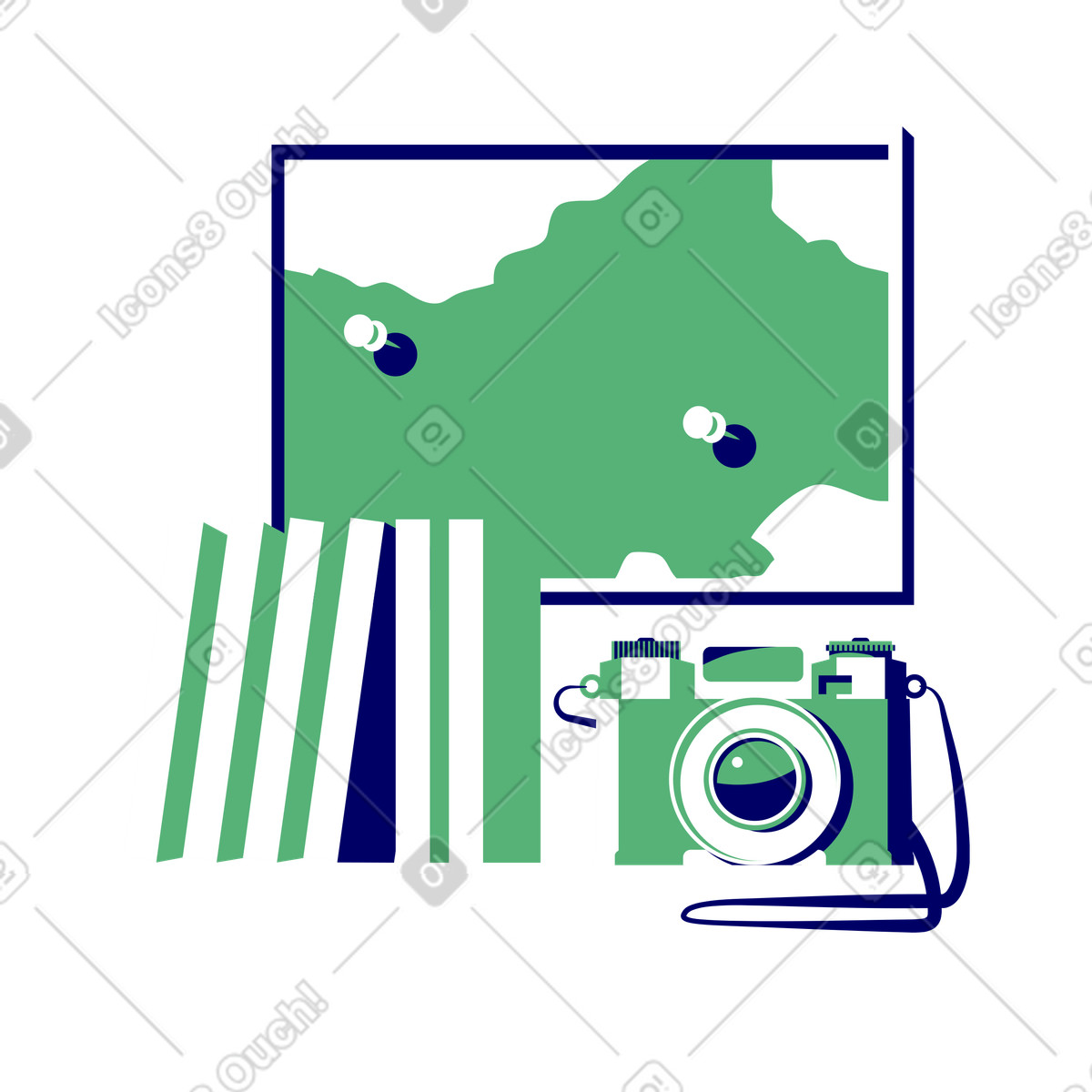 Mappa murale, libri e macchina fotografica illustrazione in stile Lounge scarica in PNG, SVG