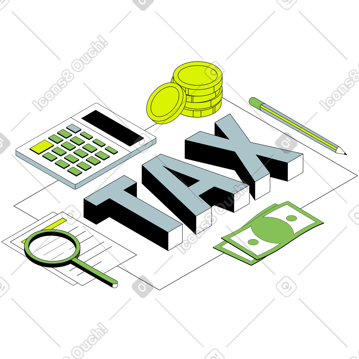 Coins, money, and calculator around word tax, Financial audit accounting illustration in Isometric style download in PNG, SVG