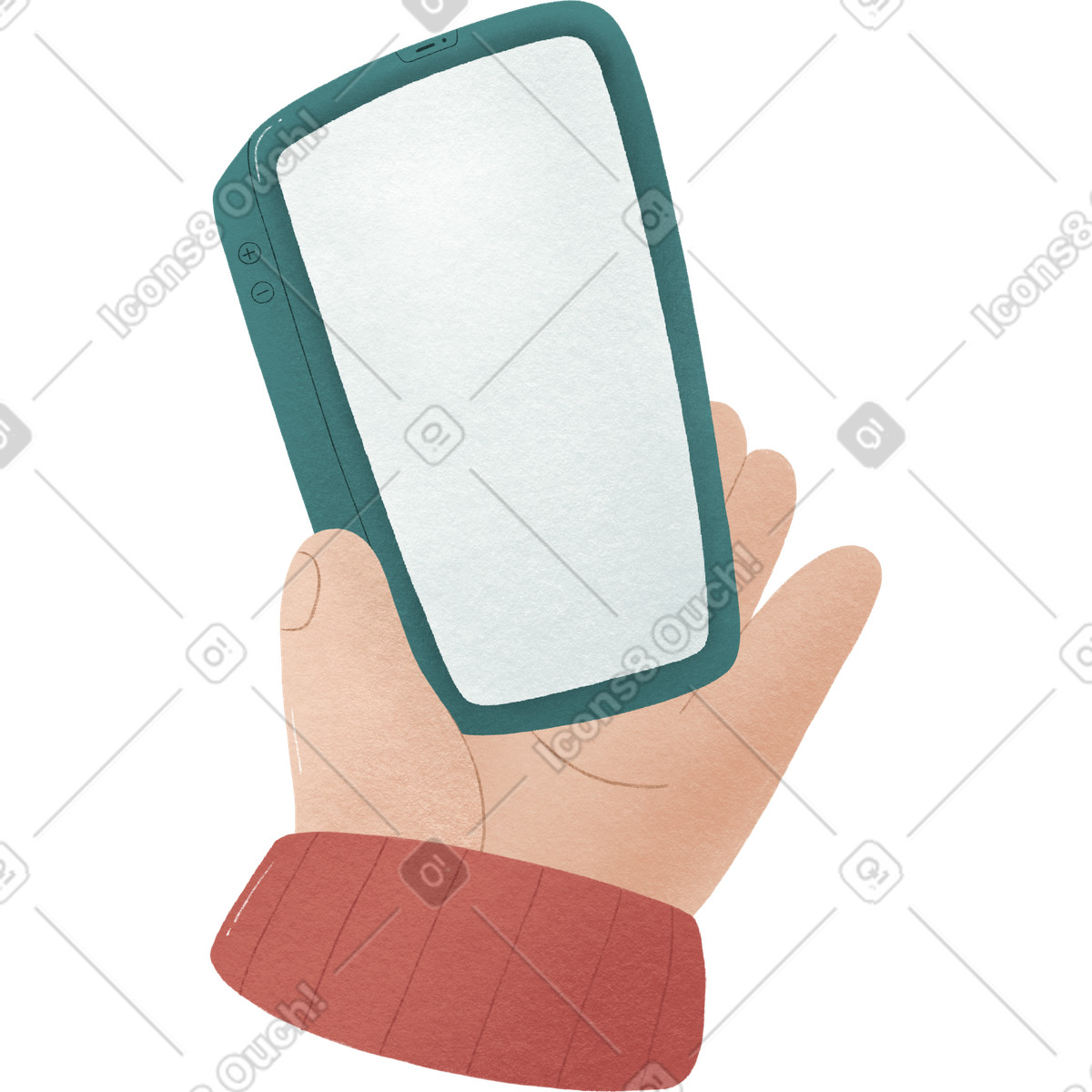 Hand with the red sleeve is holding phone illustration in Woolly style download in PNG, SVG