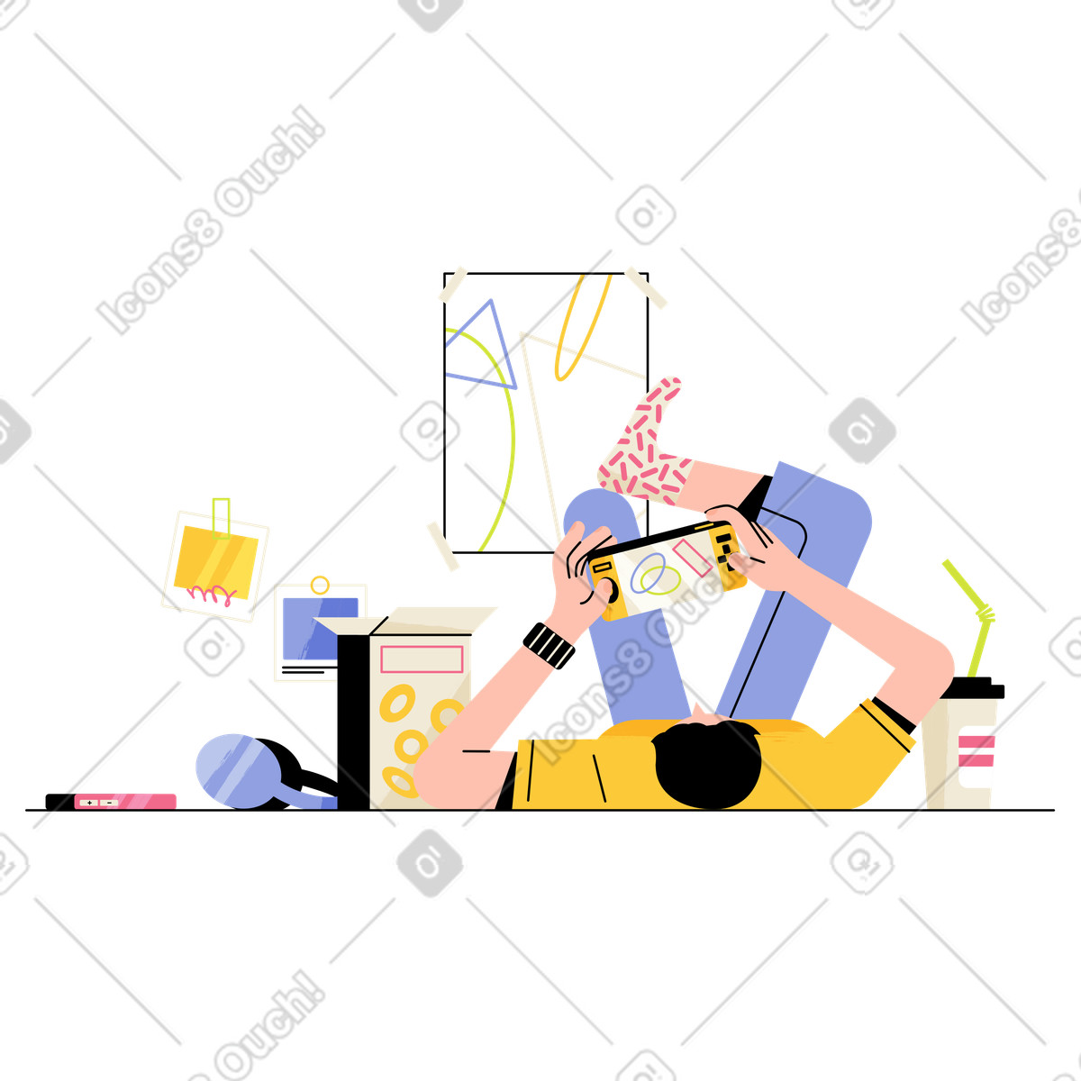 下载 Juicy 风格的 Lying on floor gaming with handheld console, Relaxation and leisure at home 插画，支持 PNG、SVG 格式