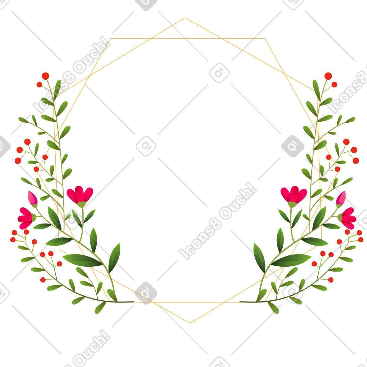 Kleine rosa blüten an den seiten eines goldenen, rautenförmigen, dünnen rahmens-Illustration im Blossom-Stil als Download in PNG, SVG
