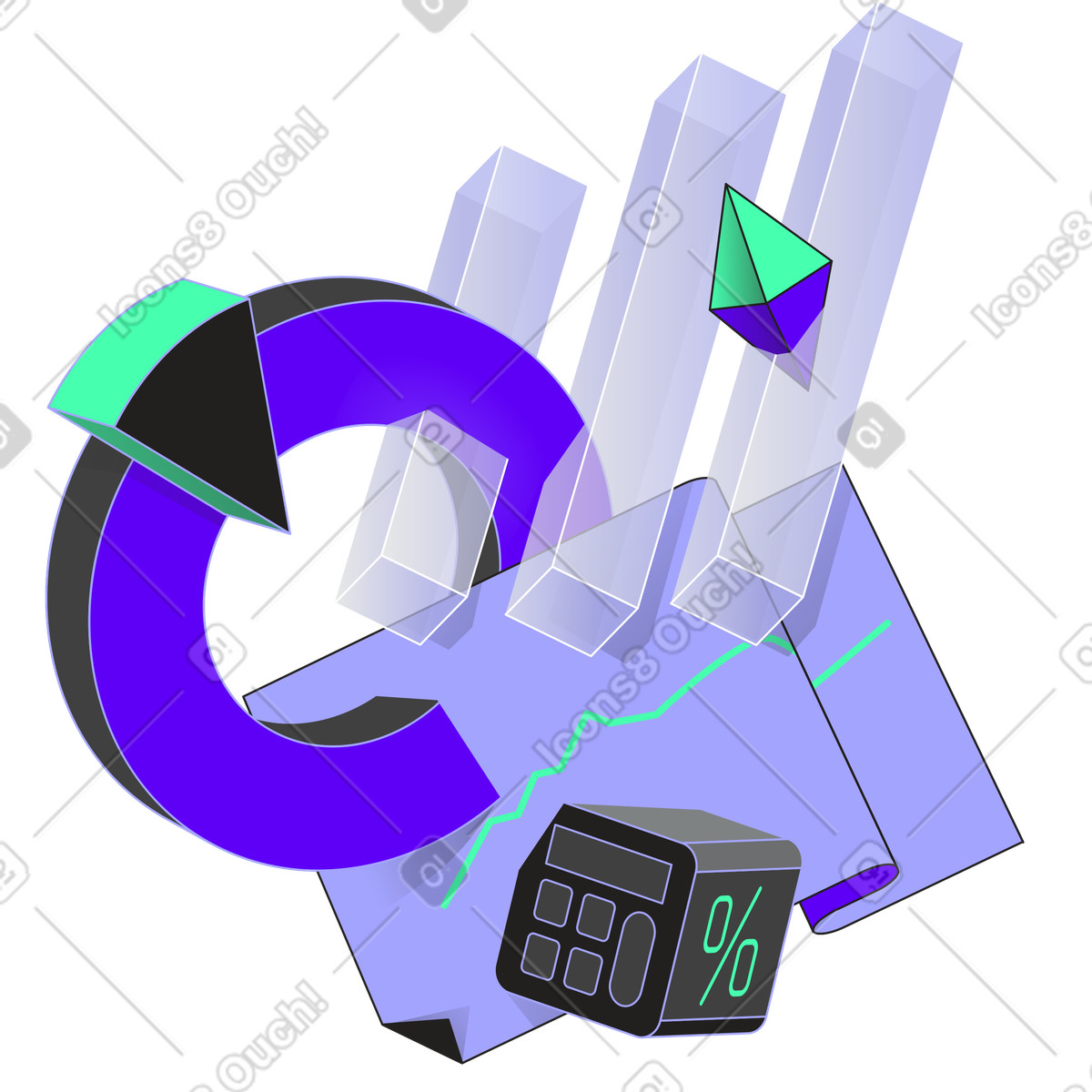 Charts of business statistics, calculator and ethereum illustration in PNG, SVG