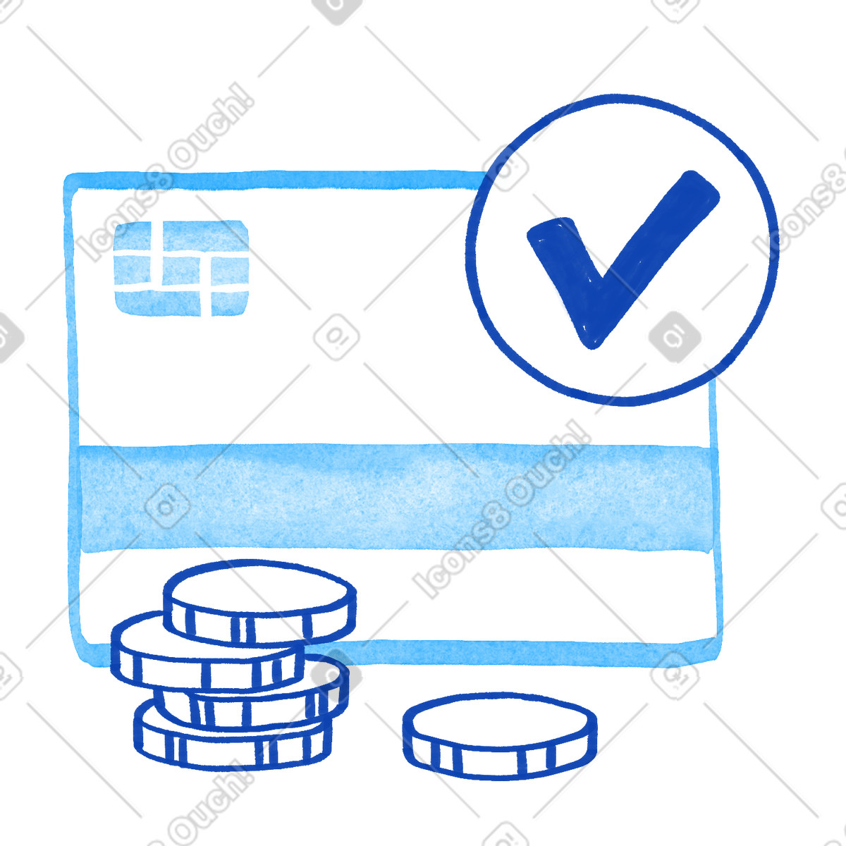 下载 Tint 风格的 Card payment security verified checkmark and coins indicating safe transactions 插画，支持 PNG、SVG 格式