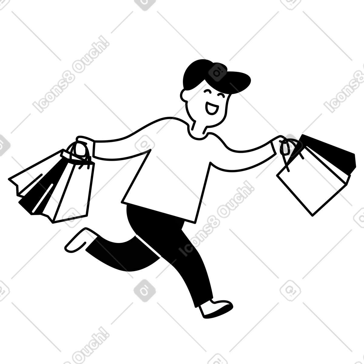 下载 Notion Line Art 风格的 Shopping bags carried by happy shopper running with excited expression 插画，支持 PNG、SVG 格式