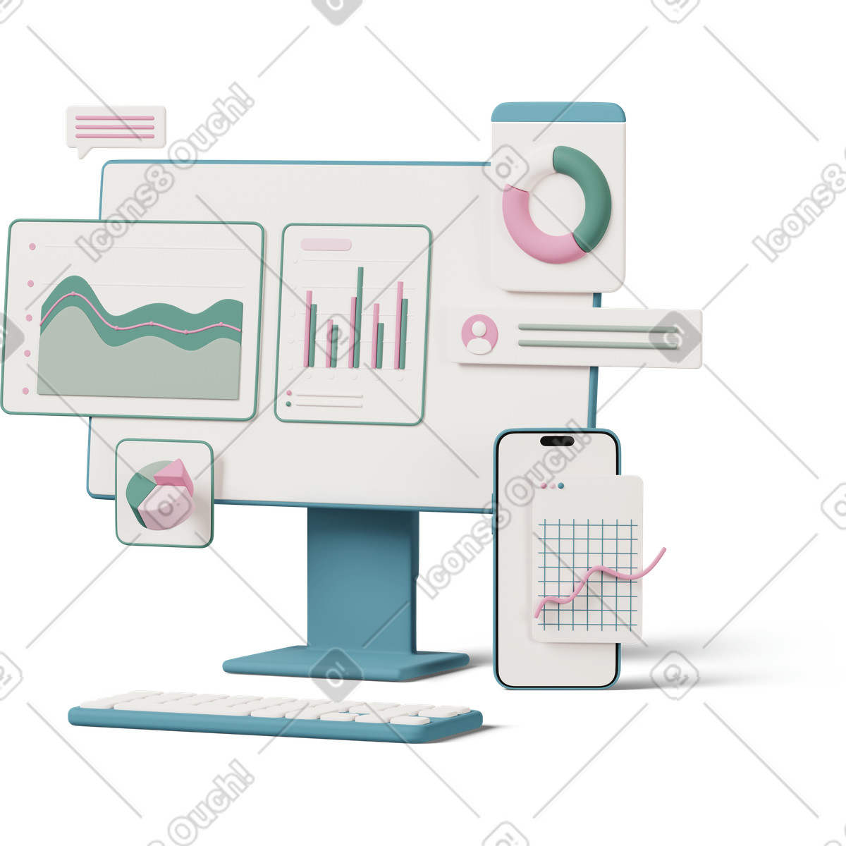 Анимированная иллюстрация Analytics on computer screen в стиле 3D Casual life — скачать в форматах GIF, Lottie (JSON), AE