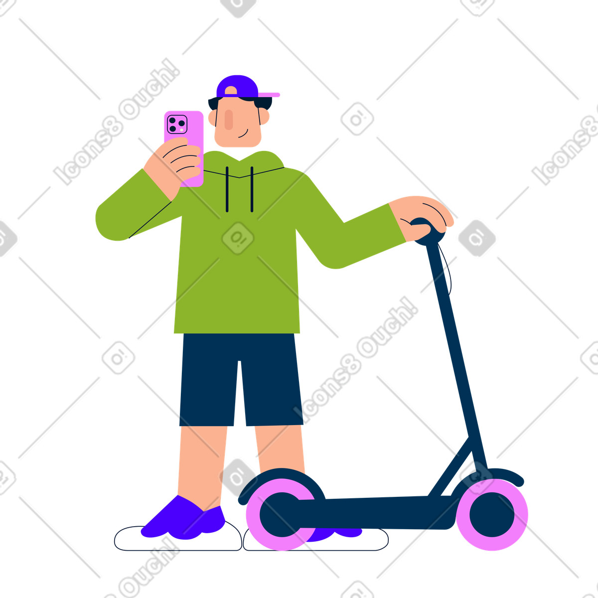 Mann mit roller, der ein foto macht animierte Illustration im Cubes-Stil als Download in GIF, Lottie (JSON), AE