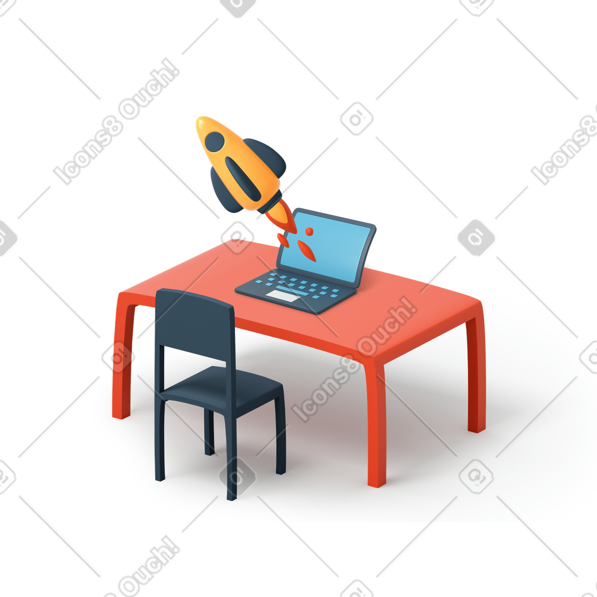 Lancio di un razzo giallo dallo schermo del laptop illustrazione in stile 3D Flame scarica in PNG, SVG