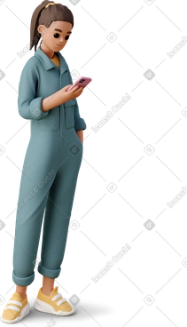 Young woman in the worker jumpsuit looking at smartphone PNG, SVG