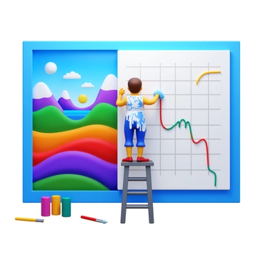 An artist standing on a ladder, painting a large mural on a wall. The mural vividly depicts a landscape that transitions seamlessly into an ROI graph. The left side of the mural showcases vibrant colors and abstract shapes, while the right side features clear lines and data points of the graph. The artist, wearing a paint-splattered apron, is focused on adding details to the graph section. Paintbrushes and paint cans are scattered around the base of the ladder.