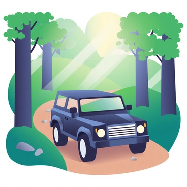 A black Range Rover is navigating along a winding forest trail. The vehicle is centered in the image, with its headlights illuminating the path ahead. Surrounding the trail are tall trees with thick trunks and vibrant green foliage. Sunlight filters through the leaves, casting dappled light on the ground. The trail is covered with brown dirt and scattered with small rocks, showing signs of recent rain. In the background, various shades of green create a dense and lush forest atmosphere.
