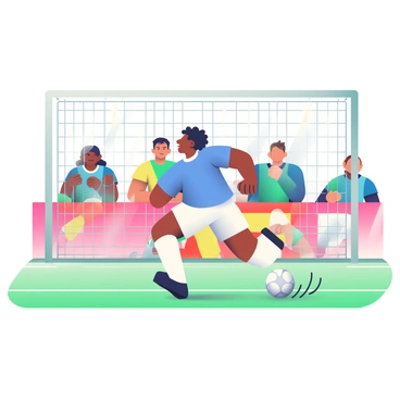 A man with curly hair is wearing a blue soccer jersey and white shorts, positioned on a green soccer field. He is in the process of taking a powerful shot on goal, with his right foot striking the soccer ball. The ball is shown mid-air, heading towards the goalpost. In the background, there are blurred figures of players from both teams, showcasing their intense concentration and movement. The goal net is visible behind the man, and there are spectators in the stands, cheering and holding colorful banners. The scene captures the dynamic action of the match, emphasizing the intensity of the moment.