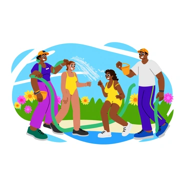 A group of friends sharing laughs while spraying each other with a garden hose.