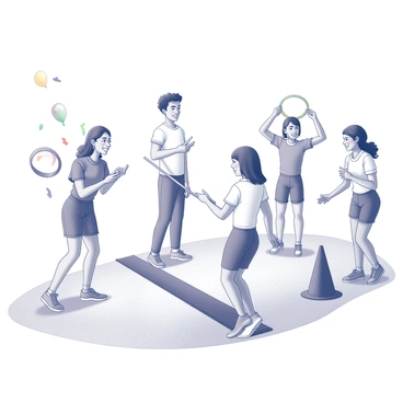 A group of four friends is gathered in a vibrant outdoor setting, preparing for a limbo challenge. There are colorful decorations around, including streamers and balloons. One friend is holding a long, flexible limbo stick, while another is playfully demonstrating how to bend back. The remaining friends are cheering and holding various props such as hula hoops and cones, which are part of the creative obstacle course. The scene captures the excitement and camaraderie as they engage in fun and friendly competition.