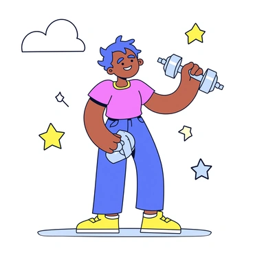 A cartoon character with a cheerful expression is lifting a dumbbell in a concentration curl position. The character has exaggerated muscular arms and a brightly colored outfit. The background features simple shapes like clouds and stars. The dumbbell is large and metallic, reflecting light. The character's hair is styled in a fun, spiky way, and they are standing on a flat surface with a light color.