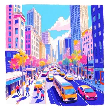 A bustling cityscape features tall skyscrapers with intricate architectural designs. Streets are filled with cars and buses moving in various directions. Pedestrians walk along the sidewalks, some stopping to chat or look into shop windows. Streetlights illuminate the scene, casting shadows on the pavement. Above, a cloudy sky adds depth to the composition, and small details like window displays and traffic signs are visible throughout the image.