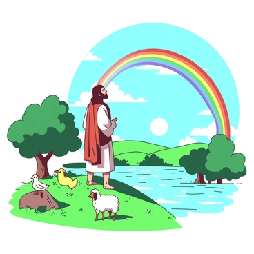 A tall figure of "Noah" stands on a grassy hill, gazing up at a vibrant "rainbow" that spans across the sky. The sky is bright and clear, showing the remnants of the floodwaters that have receded in the background. Various shades of green from the grass and trees contrast with the colorful arc of the "rainbow." Nearby, a few animals are visible, such as a pair of "doves" perched on a small rock and a "sheep" grazing peacefully. The scene radiates a sense of hope and renewal as the sun shines brightly in the background.