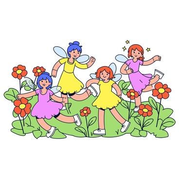 A group of tiny fairies with delicate wings are dancing among vibrant orange calendula flowers. The fairies are depicted in various poses, with some twirling and others fluttering their wings. The flowers have bright green leaves and are arranged in clusters. The setting is filled with lush greenery, with a few soft, blurred shapes of additional flowers in the background. The fairies are wearing tiny dresses made of petals, and their hair glimmers as they move gracefully through the garden.