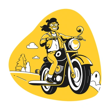 A cheerful biker wearing oversized yellow glasses is riding a black motorcycle. The biker has a wide smile and is dressed in a leather jacket, jeans, and gloves. The motorcycle features bold, distinct lines and a shiny chrome finish. The biker's hair is blowing in the wind as he holds the handlebars confidently. A road stretches out in front of him, flanked by simple silhouettes of trees in the background.