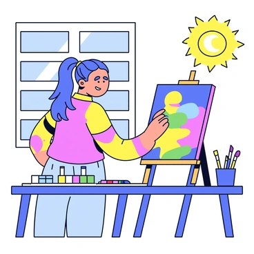 An independent woman is standing in her art studio, focused on painting a vibrant canvas. She has long, flowing hair and is wearing a casual, paint-splattered shirt. The canvas features bright colors that blend together, showcasing her creativity. Surrounding her are various art supplies, including paint tubes in a rainbow of colors, brushes in a holder, and a palette filled with mixed paints. Sunlight streams through a large window, illuminating the studio and creating a warm atmosphere.