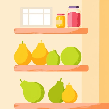 A cozy kitchen pantry with melons lined up on wooden shelves.