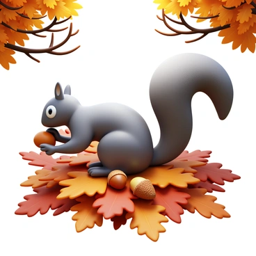 A squirrel with bushy gray fur is gathering acorns among a bed of brown and orange fallen leaves. The squirrel's eyes are bright and focused as it carefully picks up the acorns. Surrounding the squirrel, the leaves are scattered, showing various shapes and textures. Sunlight filters through the branches above, casting dappled light on the scene. In the background, there are hints of trees with sparse branches and more leaves on the ground.