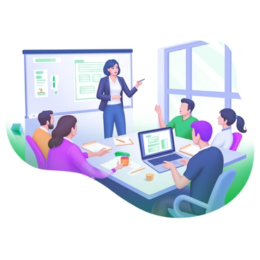 A modern office space featuring a young woman standing at the head of a sleek conference table, confidently leading a meeting. She is wearing a professional outfit, with a blazer and tailored pants. Around the table, there are a diverse group of colleagues, both men and women, attentively listening and taking notes. Large windows allow natural light to fill the room, illuminating a whiteboard filled with notes and diagrams. A laptop is open in front of the woman, displaying a presentation slide. On the table, there are notepads, pens, and coffee cups. The atmosphere reflects focus and collaboration.