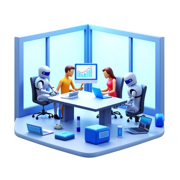 A modern workspace with large windows allowing ample natural light. A group of three humans and two robots are gathered around a sleek conference table, engaged in a collaborative project. One human is pointing at a digital screen displaying technical data, while another is taking notes on a tablet. The robots, humanoid in design, are analyzing data on their own tablets. Various high-tech equipment and gadgets are scattered around the room, including laptops, a 3D printer, and futuristic design models. The overall atmosphere conveys an efficient and innovative work environment.