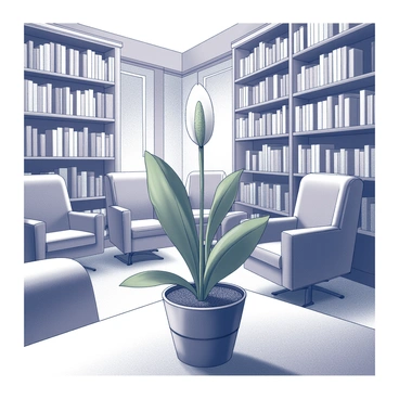 A peace lily in a pot, placed prominently on a polished wooden table. The background features tall bookshelves filled with various books, creating a sense of depth. The shelves are intricately designed, showcasing a variety of book sizes and colors. Nearby, there are several leather chairs arranged in a cozy reading nook, inviting visitors to relax. The overall atmosphere of the library is one of warmth and knowledge, enhanced by the elegant presence of the peace lily.