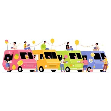 A lively area featuring several food trucks parked side by side. Each food truck has a distinct design, showcasing a variety of unique illustration art on their exteriors. One truck is painted with bright tropical fruits, while another displays cartoon-style animals. Nearby, a food truck boasts colorful geometric patterns, and another features a whimsical underwater scene. People of different ages are gathered around the food trucks, some holding plates of food, while others are engaged in conversation. Balloons and string lights add to the festive atmosphere of the scene.