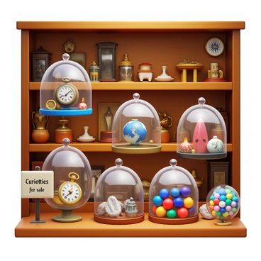 An assortment of vintage curiosities displayed under glass cloches at a quaint store. Each cloche contains unique items such as an old-fashioned pocket watch, a delicate porcelain figurine, a weathered compass, and a collection of colorful marbles. The background features wooden shelves filled with various antiques and knick-knacks. Soft lighting highlights the intricate details of the curiosities, creating an inviting atmosphere in the store. A small sign next to the display reads "Curiosities for Sale" in elegant script.