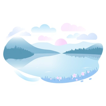 A landscape featuring a calm lake surrounded by gentle hills. Soft fog is rolling over the surface of the water, creating a mystical atmosphere. The sky is filled with gradient pastel colors as the sun rises, casting a warm glow over the scene. Silhouettes of trees line the far shore, their reflections shimmering on the water. In the foreground, delicate wildflowers are visible along the lake's edge, adding subtle color to the tranquil setting.