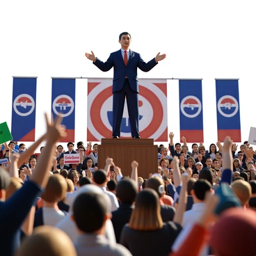 A politician standing confidently on a raised podium, wearing a tailored navy suit and a red tie. He gestures expressively with one hand while holding a microphone in the other. Behind him is a vibrant backdrop featuring large banners with his campaign logo and slogan. The crowd in front of him is diverse, with people of different ages and ethnicities, waving flags and chanting in support. Some hold signs with slogans promoting his message. Bright sunlight shines down on the scene, creating a lively atmosphere filled with enthusiasm and energy.