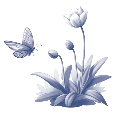 A butterfly is depicted in mid-flight, delicately approaching a cyclamen flower. The butterfly's wings are partially open, displaying intricate patterns, while the cyclamen flower stands tall with its distinctive heart-shaped leaves and vibrant petals. The background features a variety of lush greenery, adding depth to the scene. Soft shadows are cast from the leaves, hinting at the sunny atmosphere of the garden.