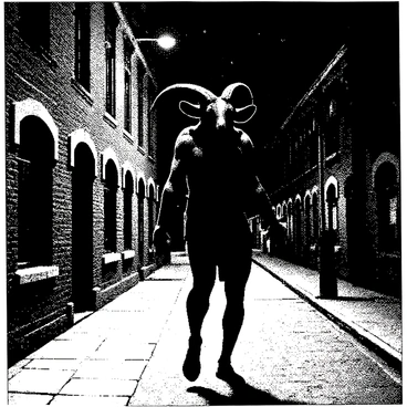 A figure of Baphomet is walking through a deserted city street at night. The creature has a goat's head with prominent horns and a human body. Its arms are outstretched, and it is stepping confidently on the cobblestone pavement. The street is lined with old brick buildings, their windows dark and empty. A dim streetlamp casts a faint light, creating long shadows on the ground. The sky is clear with a scattering of stars visible, enhancing the sense of solitude in the scene.