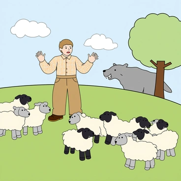 A young shepherd with light brown hair and a worried expression is standing on a grassy hill. He wears a simple checkered shirt and brown trousers. He is dramatically waving his arms and shouting "Wolf! Wolf!" The flock of sheep around him appears skeptical, some looking up with raised eyebrows and others with bemused expressions. A gray wolf with sharp teeth and a mischievous glint in its eye is hiding behind a nearby tree, watching the scene unfold. The sky above is a soft blue with fluffy white clouds scattered throughout. The setting is peaceful yet filled with tension.